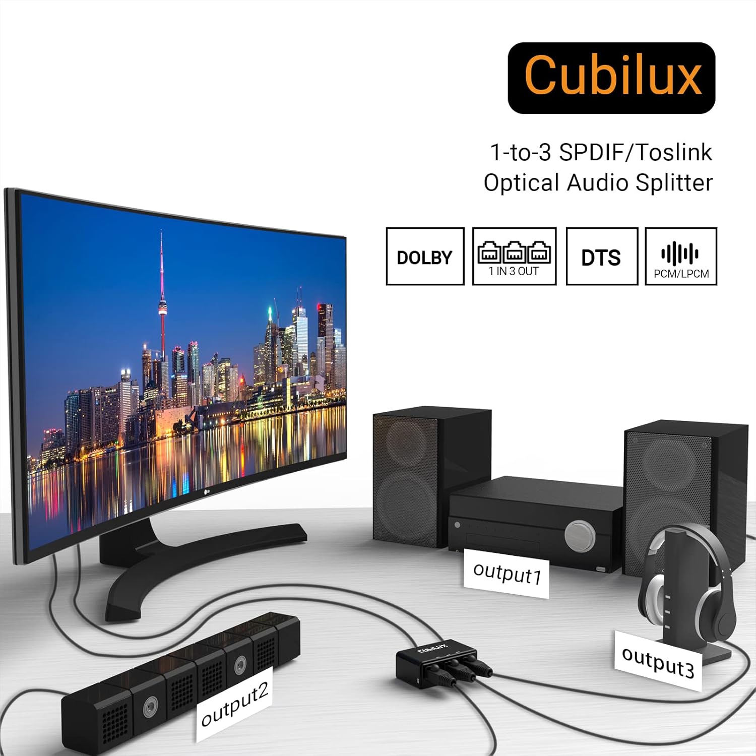 Cubilux Divisor de audio óptico digital 1 en 3 salidas, divisor de cable óptico digital SPDIF para TV, juegos, distribuidor Toslink compatible con