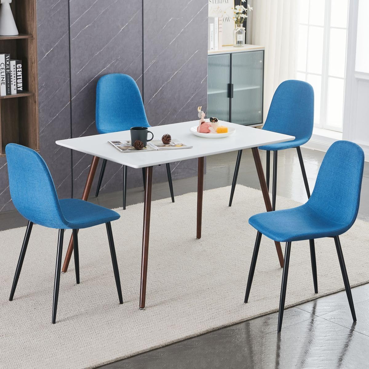 FurnitureR Juego de 4 sillas de comedor de tela para cocina con patas de metal para sala de estar, restaurante, sala de estudio, color azul