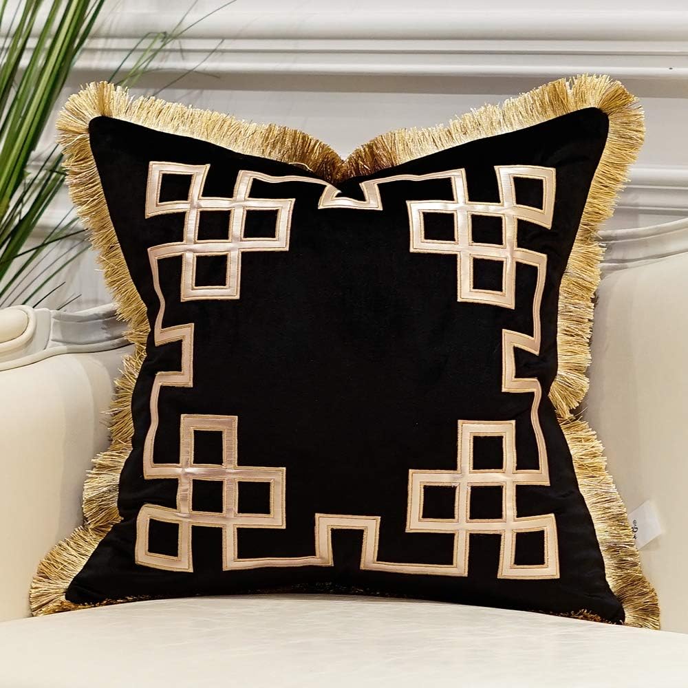 Avigers – Fundas de cojín decorativas de lujo, de 18 x 18 pulgadas, diseño de terciopelo, con borlas, cadenas cuadradas, para sofá, dormitorio, sala