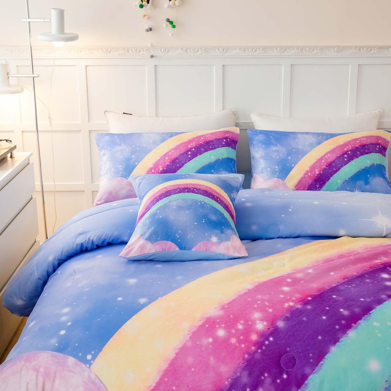 Juego de ropa de cama azul para niñas, juego de edredón de 6 piezas de arcoíris colorido para niñas, ropa de cama con purpurina degradado 3D en una