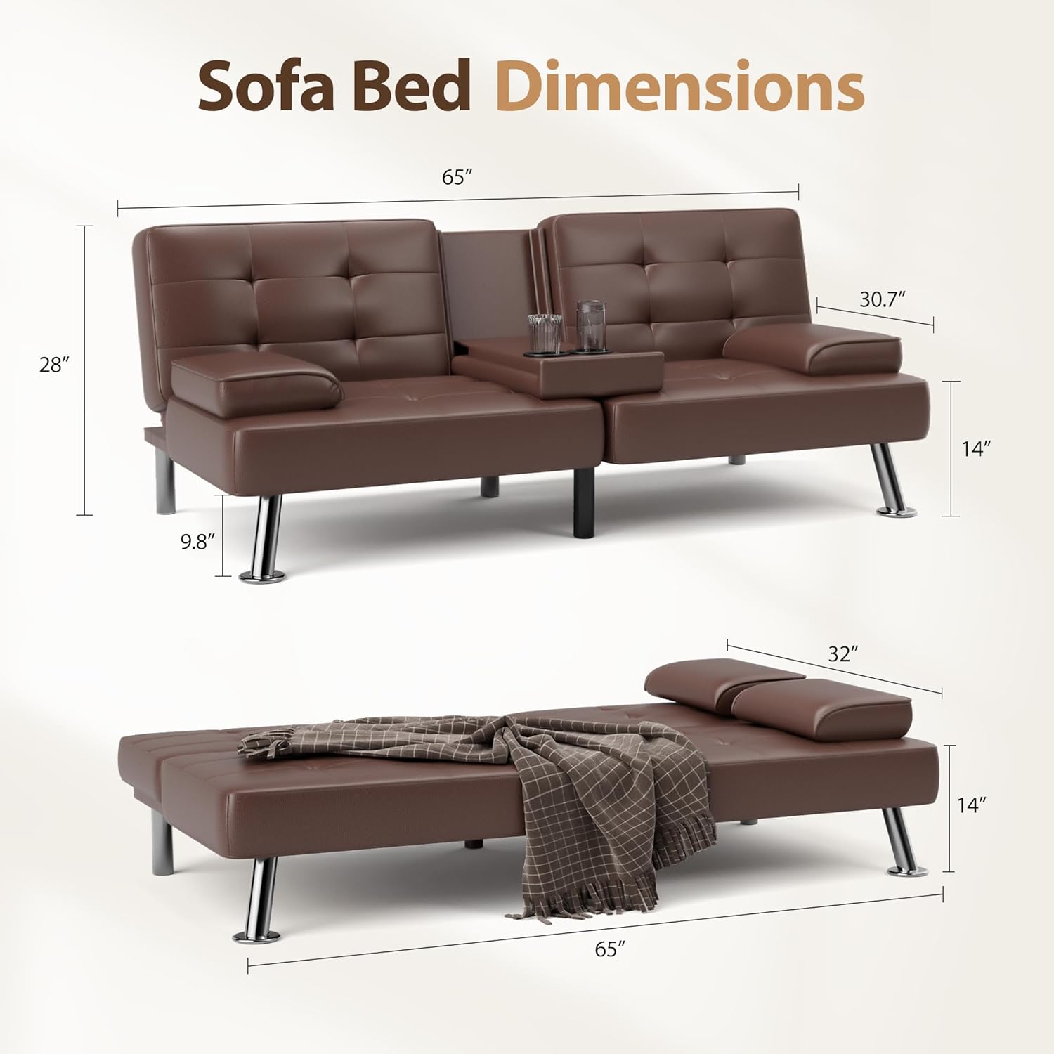 Sofá cama tipo futón plegable convertible para sala de estar, sofá biplaza tapizado de piel sintética con reposabrazos extraíbles, patas de metal, 2