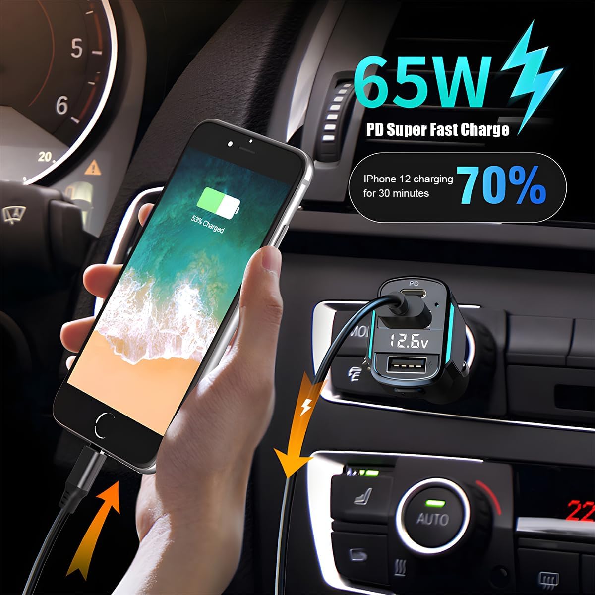 Cargador de coche USB C, cargador de coche rápido de 3 puertos PD3.0 y QC3.0 con pantalla digital LED, adaptador de carga rápida para encendedor de