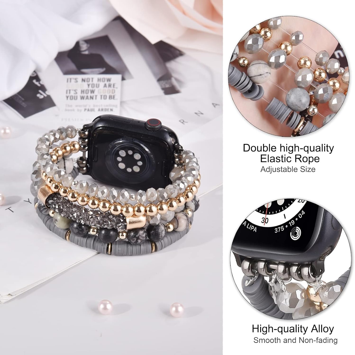 VISOOM Pulsera bohemia con cuentas compatible con Apple Watch Band 1.654 in1.732 in1.772 in Series 8 7 SE 654 para mujer, correa elástica de reloj