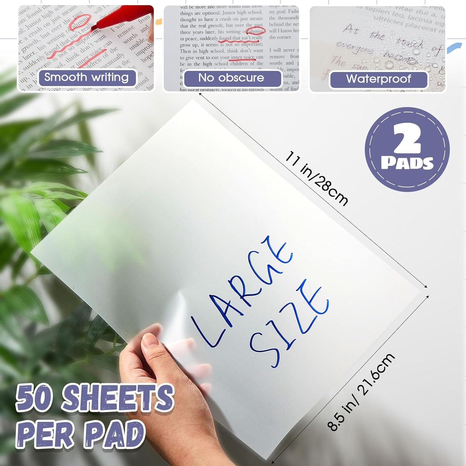 Gueevin Notas adhesivas transparentes, 100 hojas de notas autoadhesivas extra grandes, 2 blocs de notas grandes, papel de calco translúcido