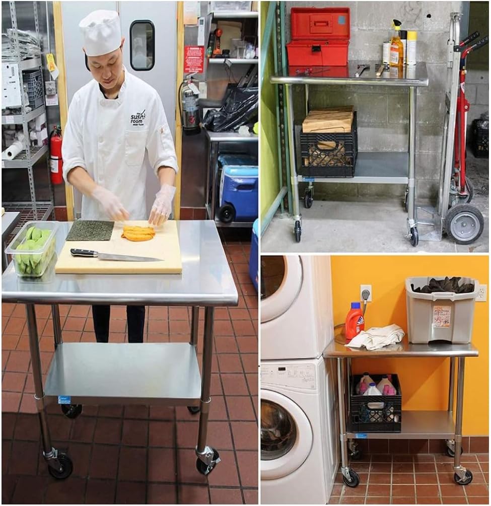 Mesa de trabajo comercial de acero inoxidable con estante inferior y ruedas (18×36)