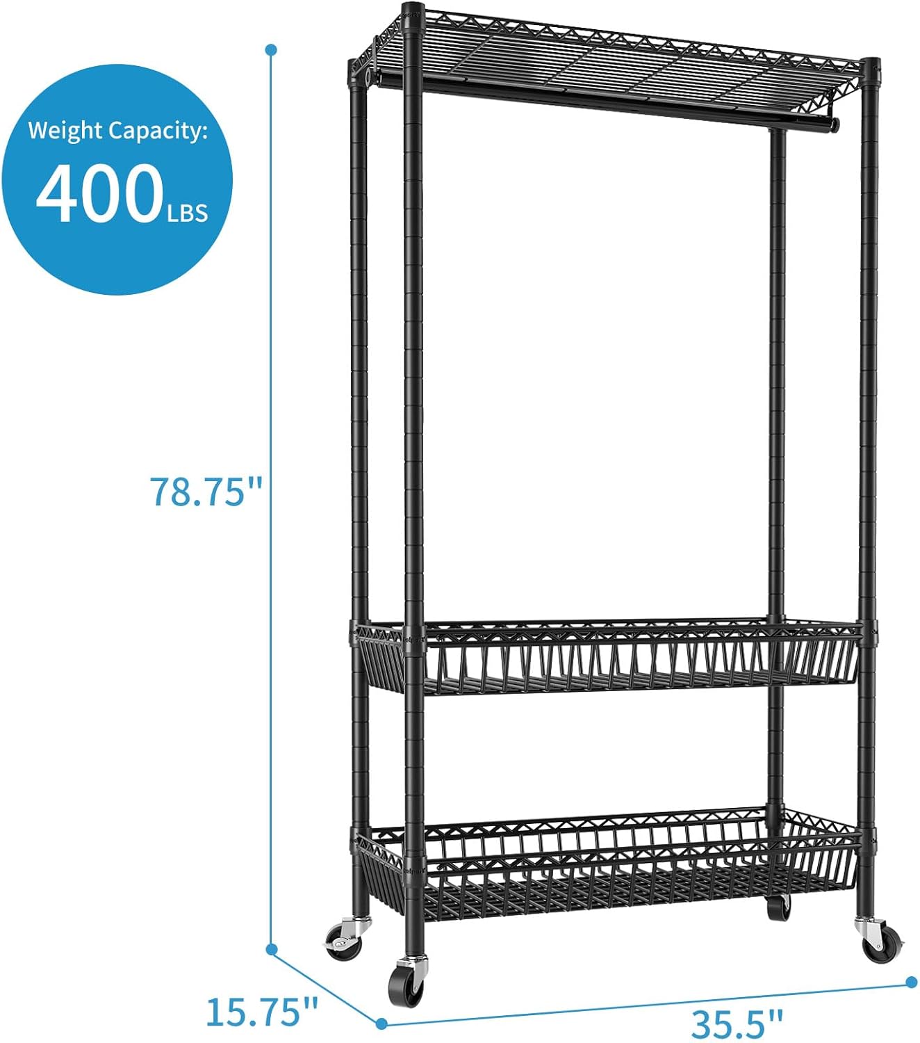 Perchero portátil con ruedas para colgar ropa, perchero de alambre ajustable resistente con cesta y barra de colgador, estante de metal