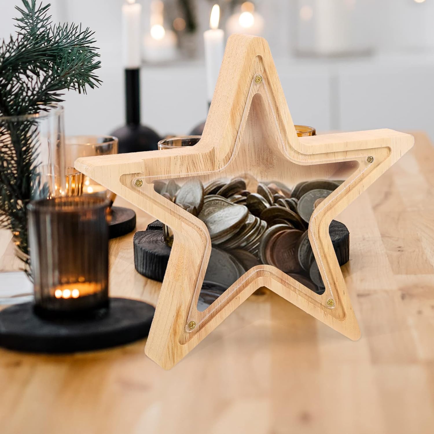 Zerodeko Hucha de madera para el hogar, alcancía para adolescentes, con forma de estrella, alcancía transparente para niños y niñas, bebé, primera