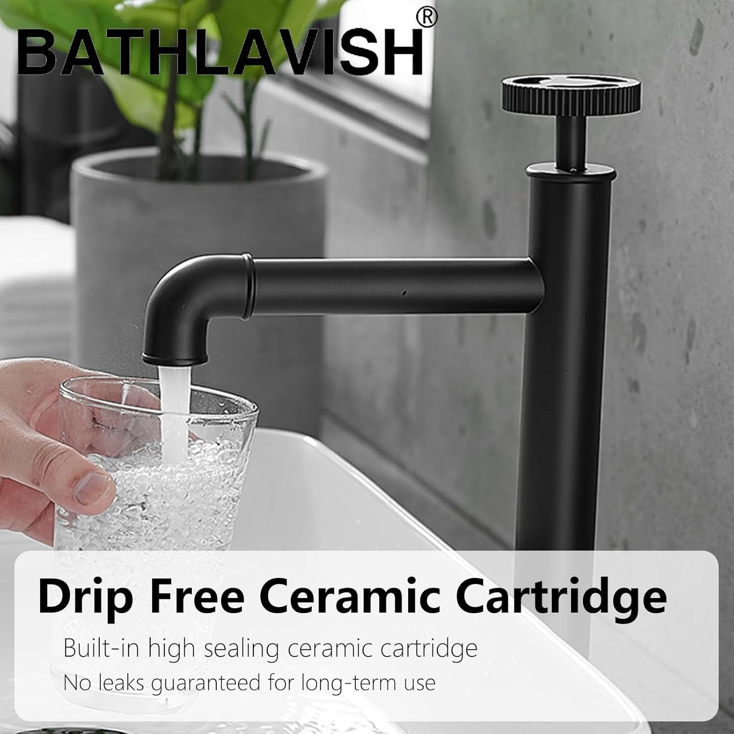 Grifo de lavabo de recipiente negro, grifo alto de baño, grifo de lavabo de estilo industrial de un solo agujero, grifo de fregadero con drenaje