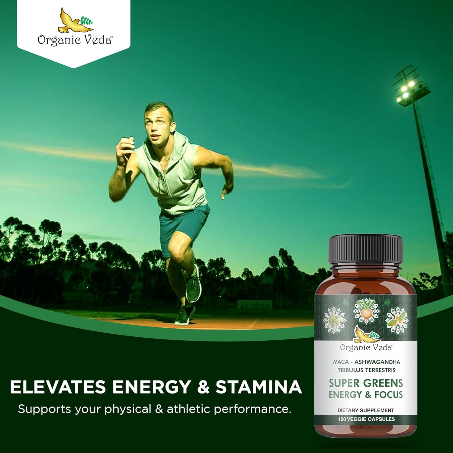 Organic Veda Ashwagandha – Cápsulas de raíz de maca para hombres  Super Greens Energy and Focus with Tribulus Terrestris, fenogreco  Potenciador de