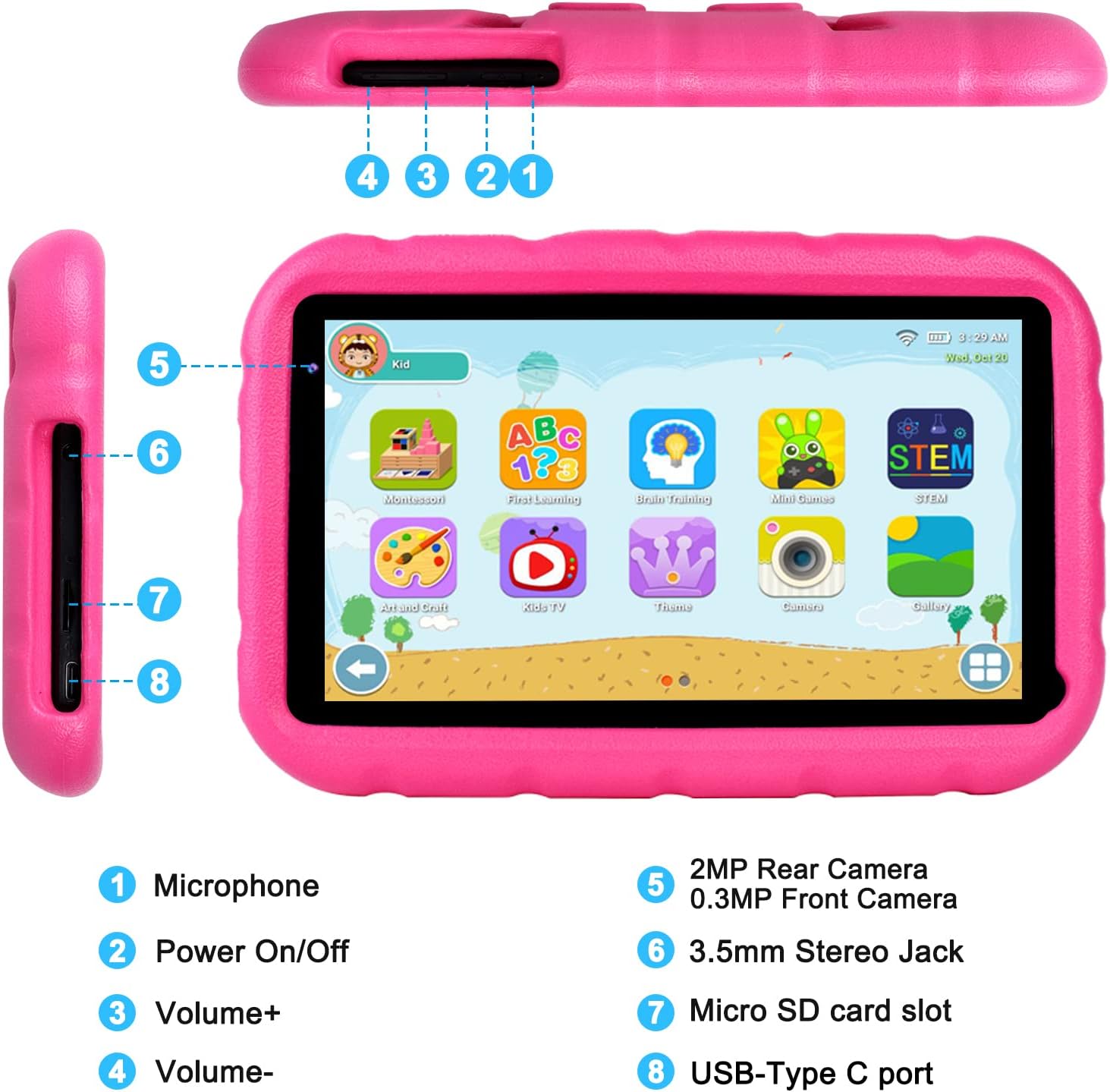 Oangcc Tableta para niños Android 11 FHD 7 pulgadas Tablet para niños, tableta para niños, tableta de 2 GB de RAM+32 GB de ROM (hasta 128 G),