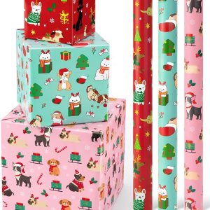 Rollos de papel de regalo de Navidad para perros, 3 rollos de papel de regalo de Navidad de 17 x 120 pulgadas, papel de regalo de Navidad, papel de Rollos de papel de regalo de Navidad para perros, 3 rollos de papel de regalo de Navidad de 17 x 120 pulgadas, papel de regalo de Navidad, papel de
