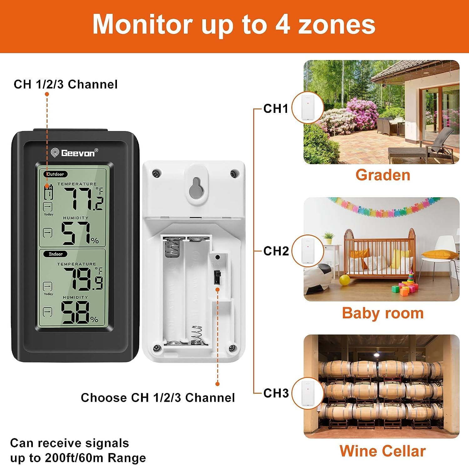 Geevon Termómetro digital inalámbrico para interiores y exteriores, con retroiluminación LCD, puede recibir señales de 3 transmisores, rango de 200