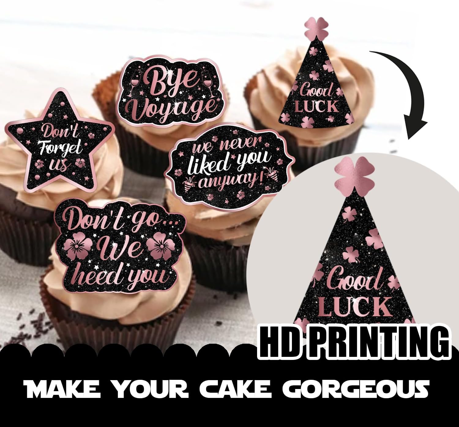 18 piezas de decoración de postre con purpurina rosa con texto en inglés “We Will Miss You Don’t Go We Peg You”, suministros de decoración temática