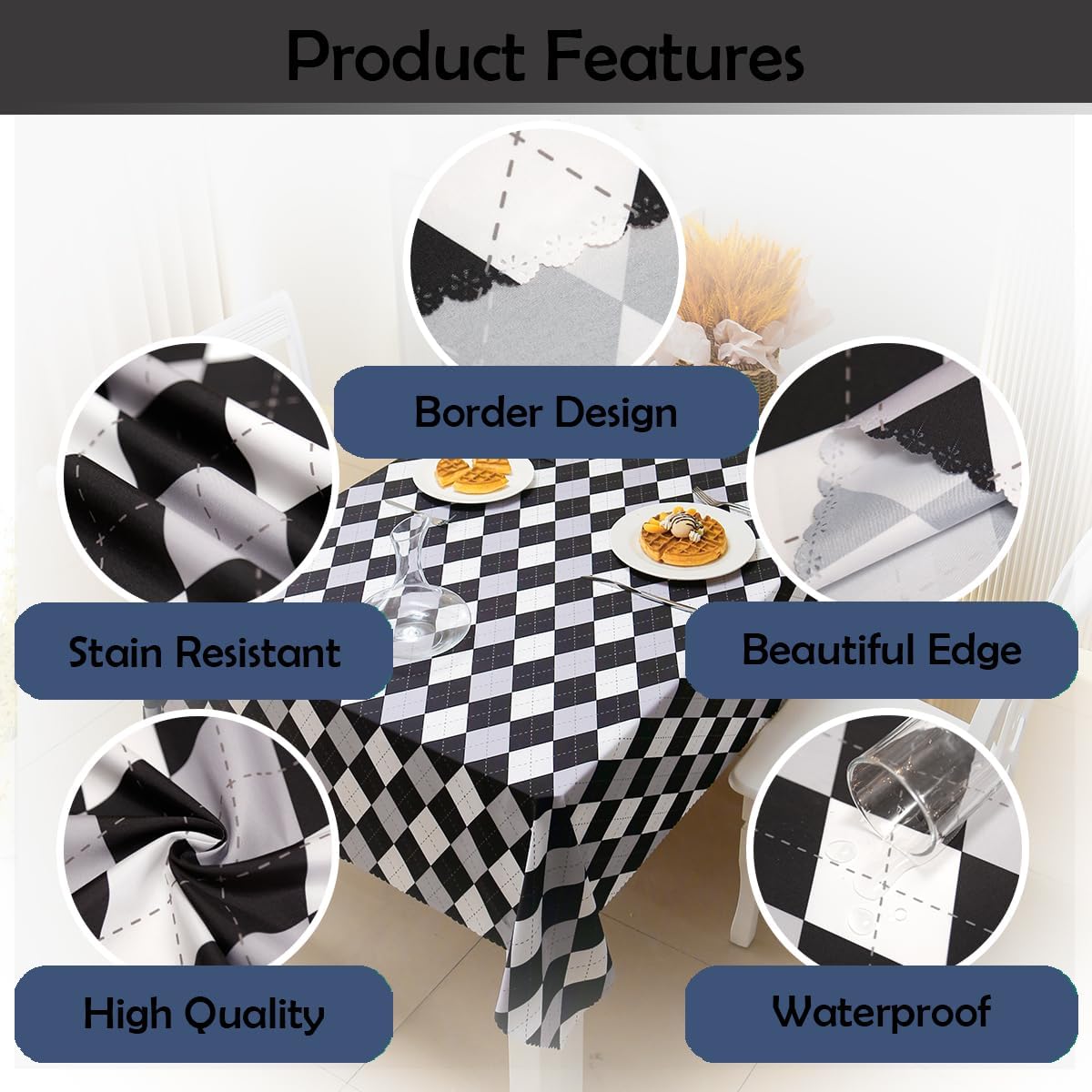 Tablecloth Black Checker Style for Party Festivals, 60×84 Plaid Table Cloth, Decorative Rectangle Table Cover, Waterproof Fabric for Picnic Indoor
