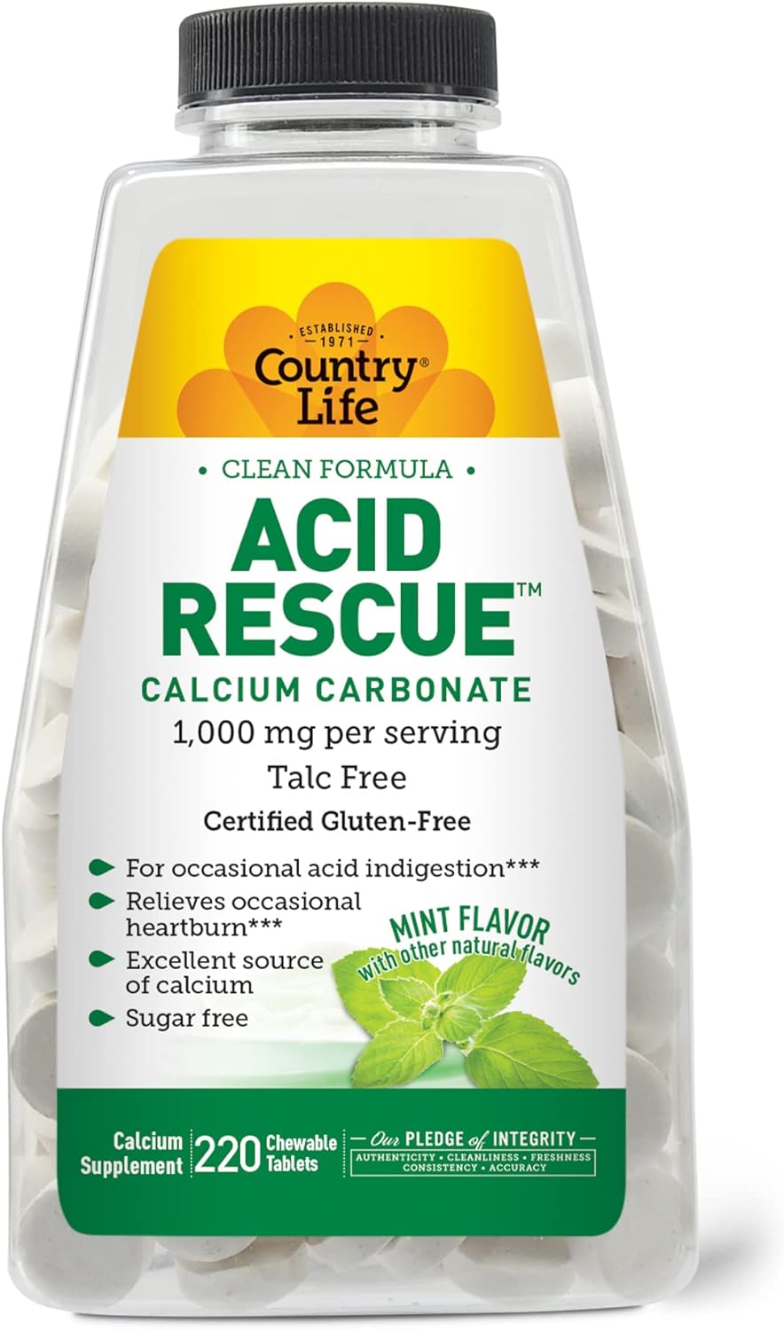 Country Life Acid Rescue – Carbonato de calcio, fórmula limpia, 1,000 mg, sin talco, 220 tabletas masticables de sabor a menta, sin azúcar,