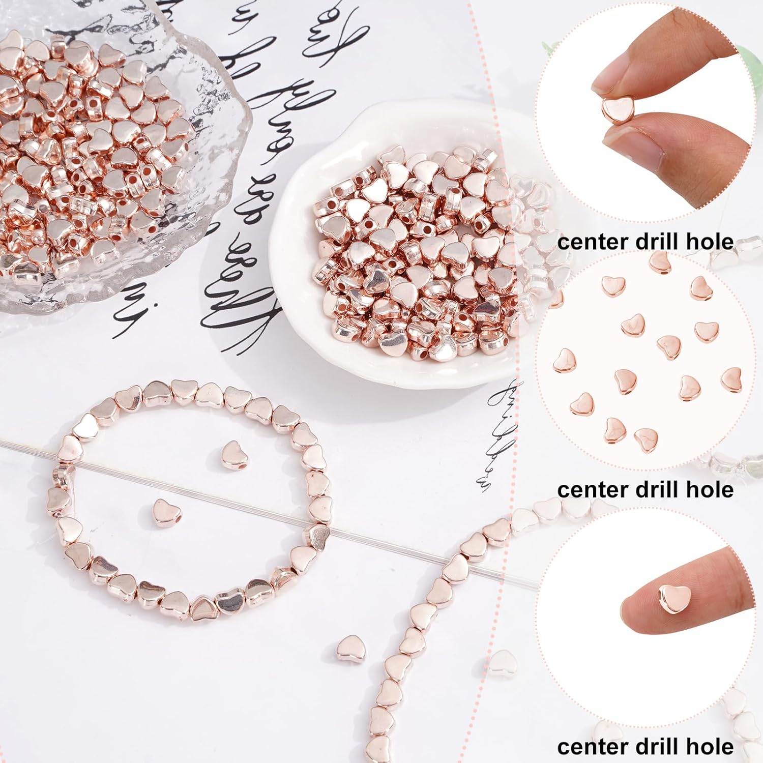 Whaline 600 cuentas de corazón acrílicas de oro rosa con forma de corazón, cuentas espaciadoras para el día de San Valentín con cuerda elástica para