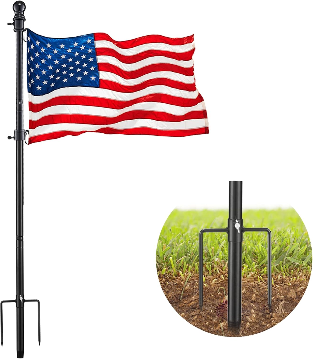 Mástiles de bandera negra para exteriores en el suelo, poste de bandera de 8 pies para casa con base de 2 puntas, kit de asta de bandera de acero
