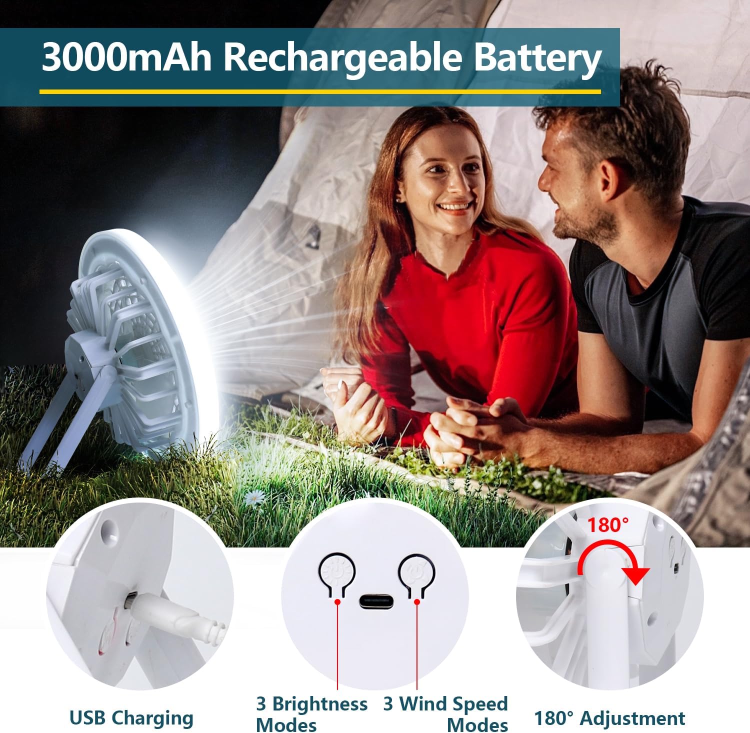 Rechargeable Camping Light Fan Combo 5000 Lumen 3000mAh 3 Lighting Modes 3 Speed Foldable Camping Fans for Tents Hanging Camping Tent Fan LED Light