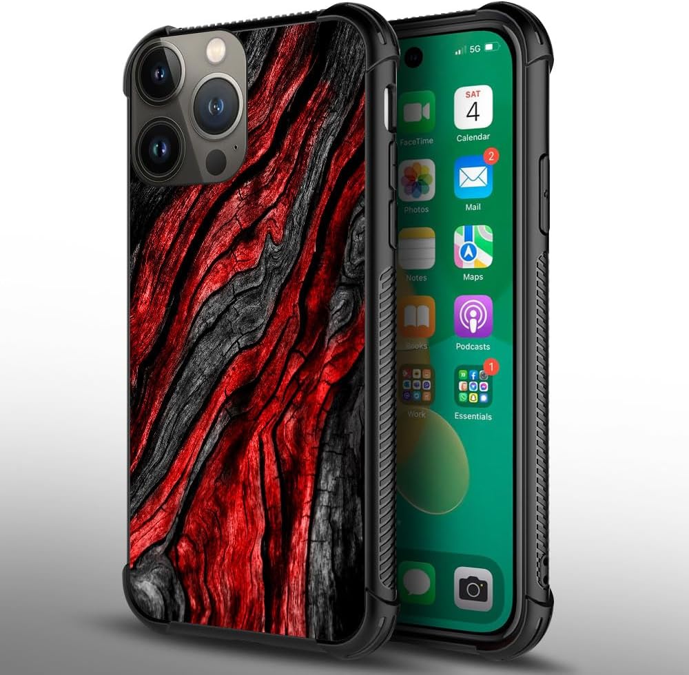 CARLOCA Funda compatible con iPhone 15 Pro, 1 funda con patrón de grano de madera negra y roja para iPhone 15 Pro, ultra protección, a prueba de