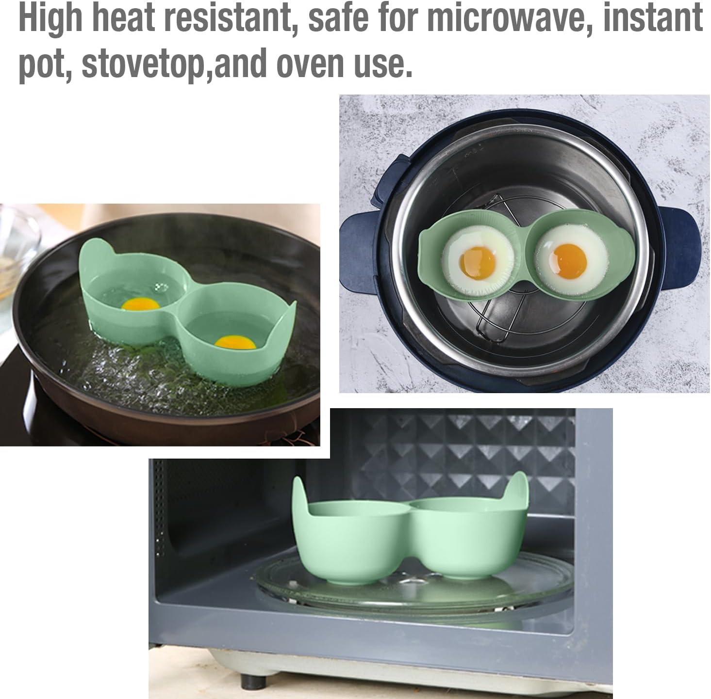 Cocedor escalfador de huevos de silicona de 2 cavidades con tapa y asa, apto para lavavajillas, compatible con olla instantánea, estufa y