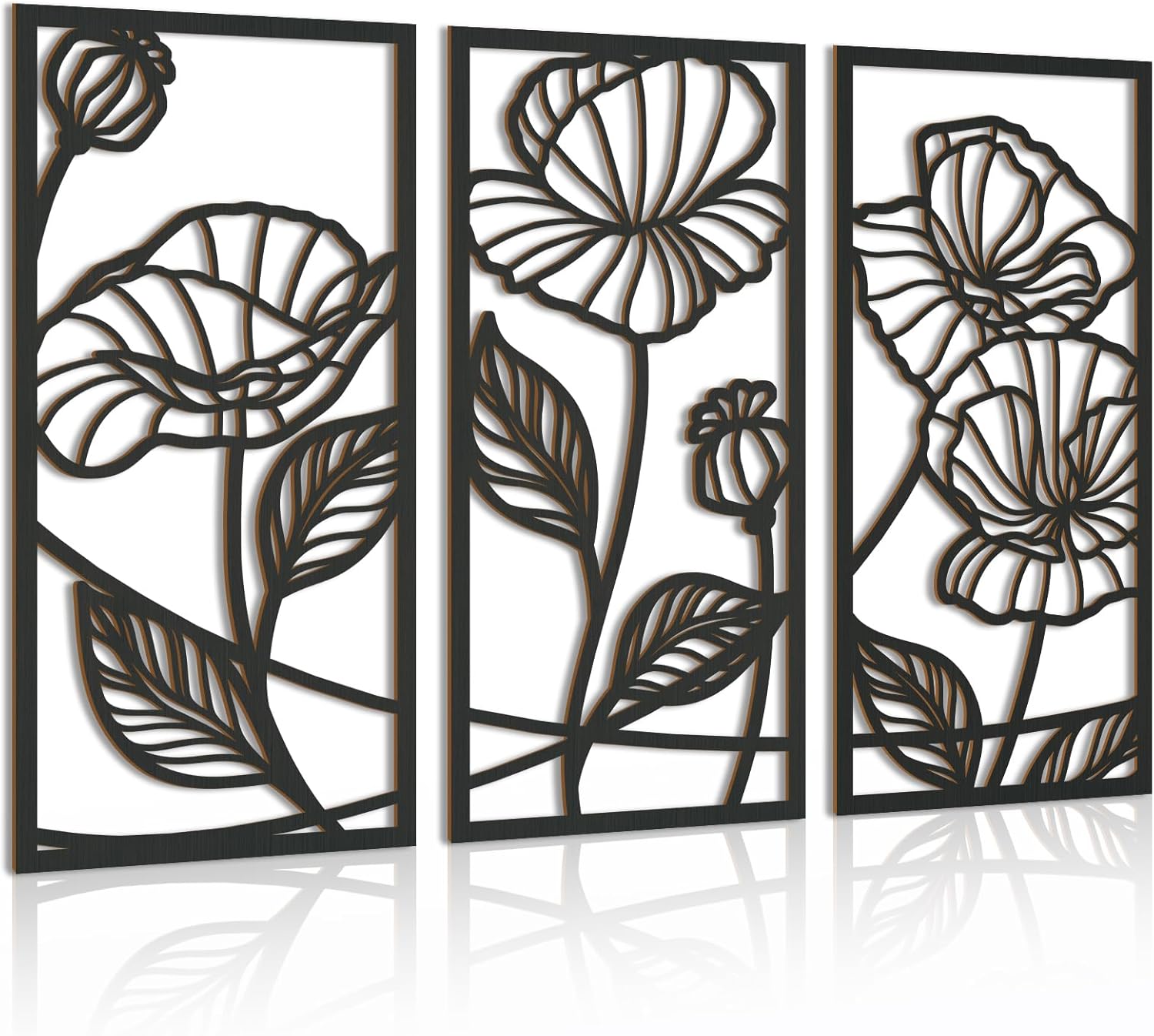 BINCUE Línea de arte de pared de madera minimalista negra, escultura moderna, decoración de pared de madera hueca 3D, 3 paneles, 16 x 32 pulgadas