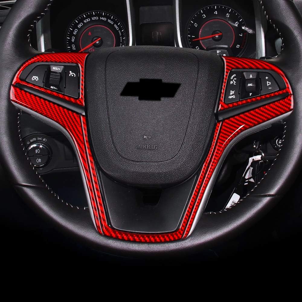 AIRSPEED Adhesivo de botón para volante de automóvil, de fibra de carbono, compatible con accesorios Chevrolet Camaro 2012-2015 (rojo)