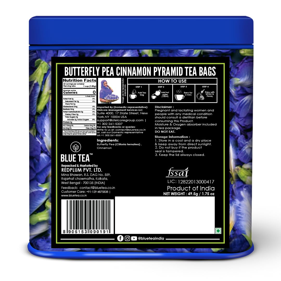 BLUE TEA – Té de hierbas de canela con flor de guisante de mariposa – 30 bolsas de té  FARM FRESH  Sin cafeína – Sin gluten – Sin OMG – Paquete de