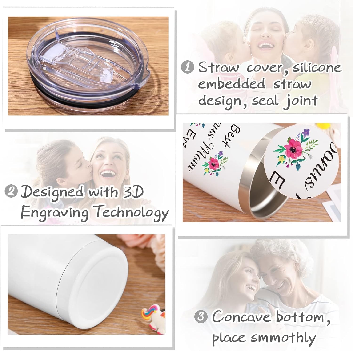 Best Ever Mom – Vaso de 20 onzas con tapa, cepillo para popote y caja de regalo (color blanco)