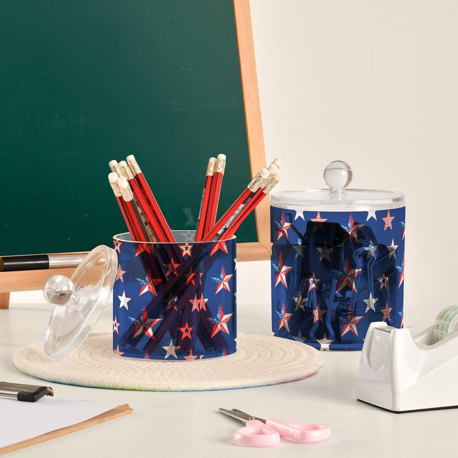 Tarros de Día de los Caídos con tapas, tarros decorativos para lavandería, dispensador de hisopos de algodón para dormitorio, artículos esenciales