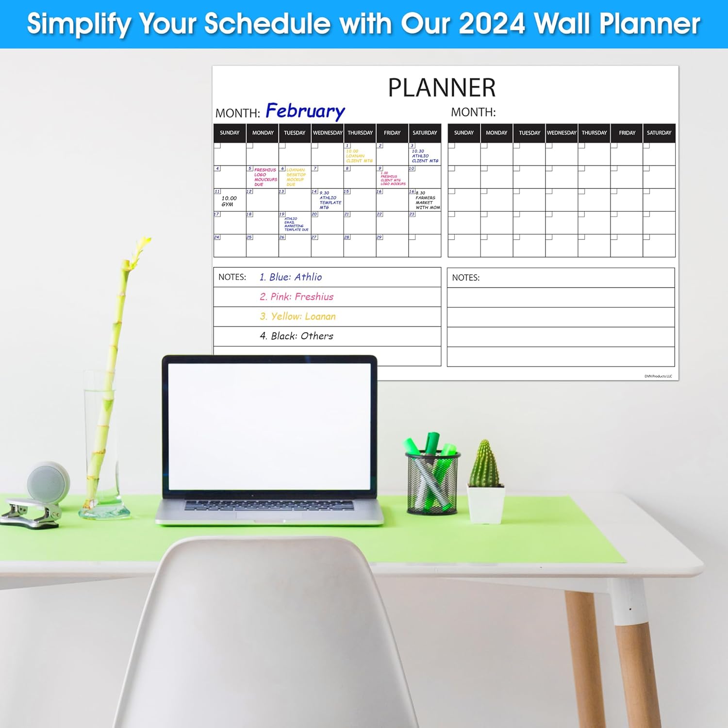 Calendario grande de borrado en seco para pared, planificador de pared anual de 2 meses, calendario laminado borrable y reutilizable, tamaño 36 x 24