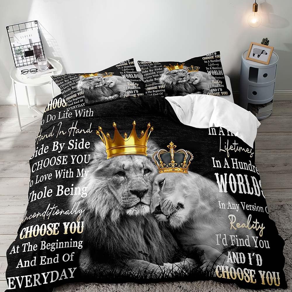 LUVIVIHOME Juego de funda de edredón de 3 piezas, tamaño matrimonial, color negro, tamaño King y Queen, diseño de animales de safari, para parejas,