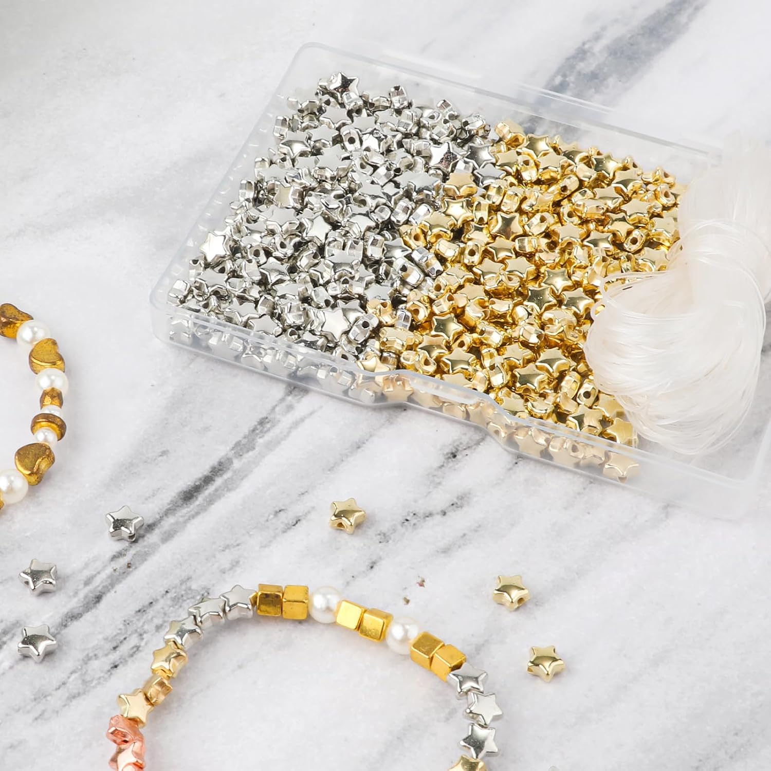Kit de 400 cuentas espaciadoras de estrella, cuentas en forma de estrella de 0.23 pulgadas con cuerda de cuentas, accesorios para hacer pulseras,