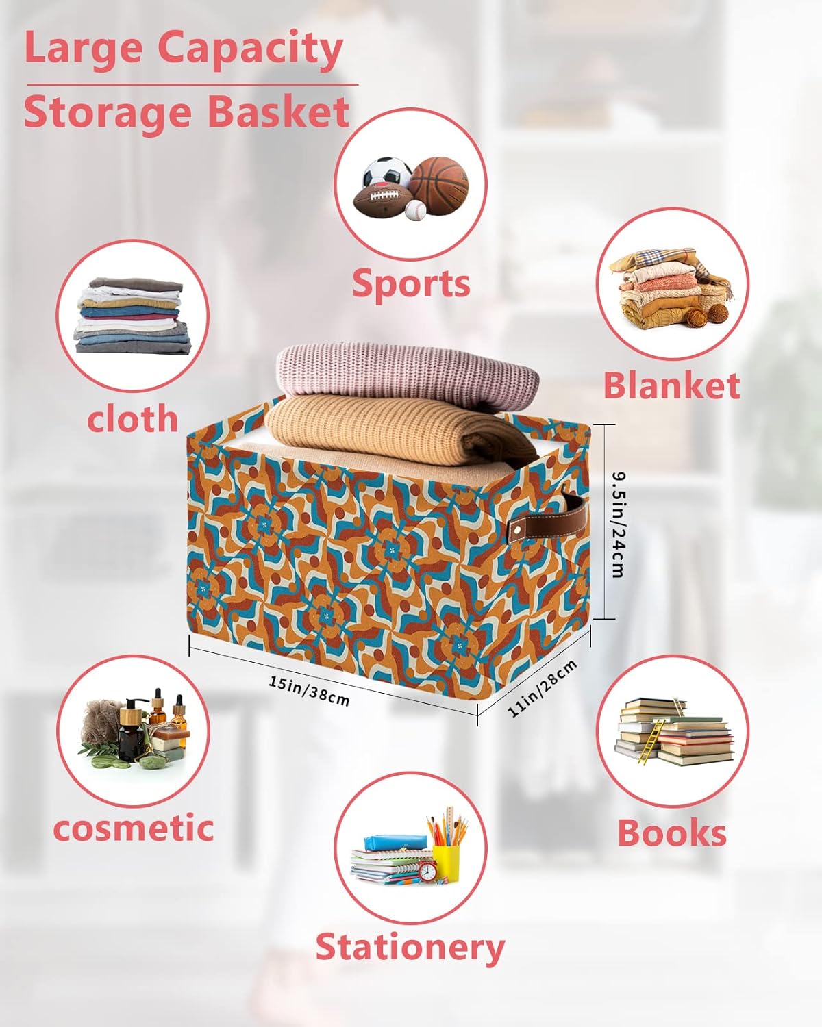 Blue Orange Red Storage Basket for Organizing Shelves, Collapsible Storage Bins Boxes with Handle, Retro Modern Geometric Abstract Art Canvas Hamper
