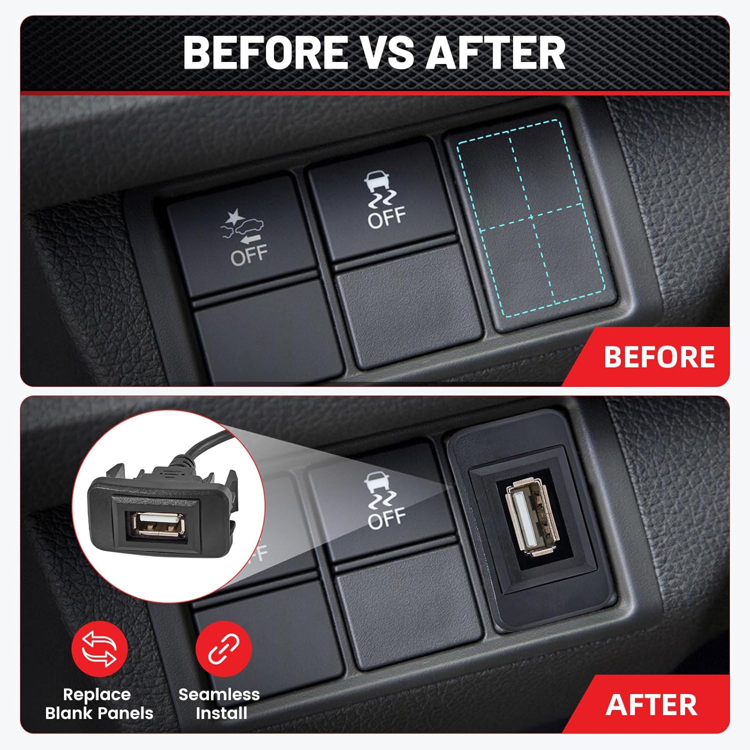 RED WOLF Adaptador de enchufe USB macho a hembra de 15.7 x 7.9 para Toyota 2003-2006 Hilux Vigo 4Runner Montaje empotrado Cuadrado USB Panel de