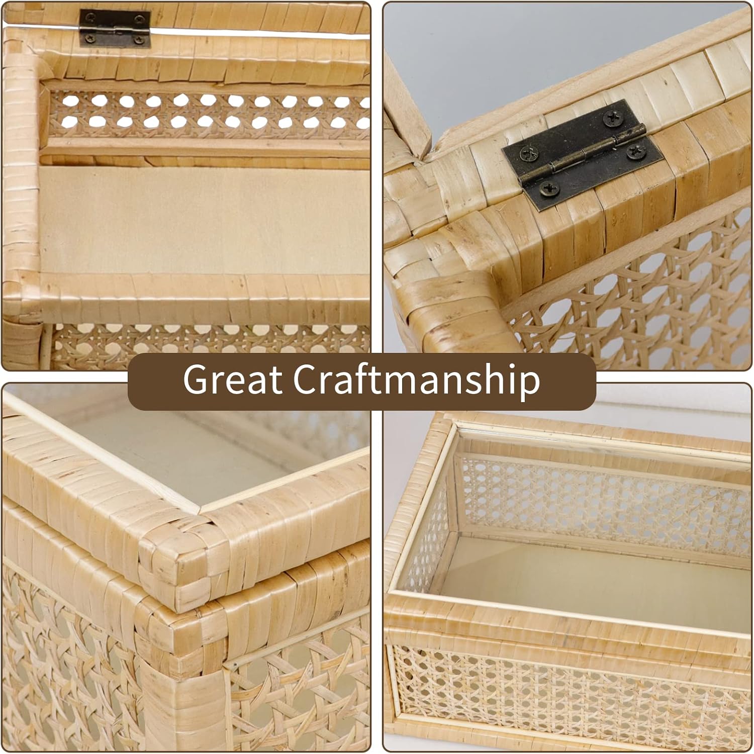 Caja decorativa de ratán con tapas de vidrio, juego de 2 cajas decorativas rectangulares para decoración del hogar, funda tejida de ratán para