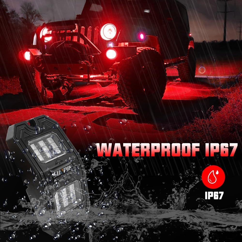 SUNPIE Gran angular 8 cápsulas de luces LED rojas para todoterreno, camión, automóvil, ATV, UTV, SUV, motocicleta, debajo del cuerpo, lámpara de luz