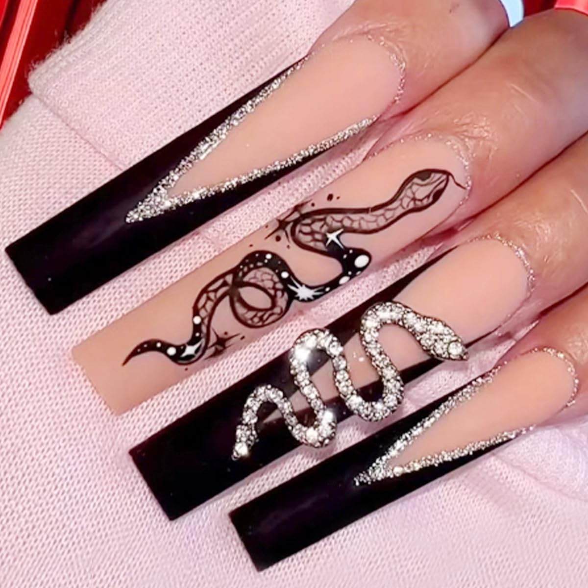Uñas postizas negras con punta francesa a presión, uñas postizas largas cuadradas con pegamento de diamantes de imitación, uñas postizas brillantes