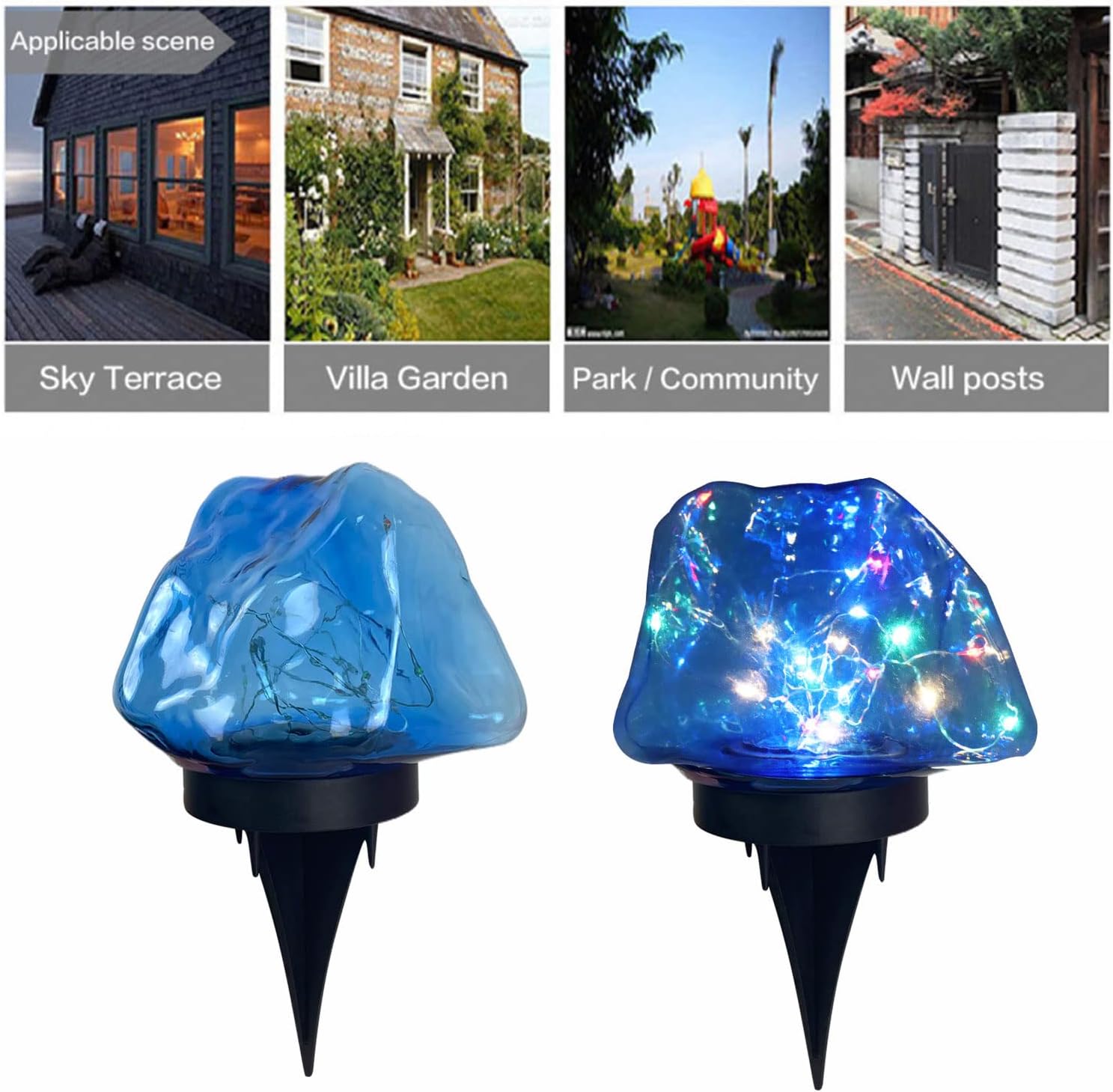 Guirnalda de luces solares de piedra colorida, carcasa azul, funciona con energía solar, para exteriores, impermeable, para decoración al aire