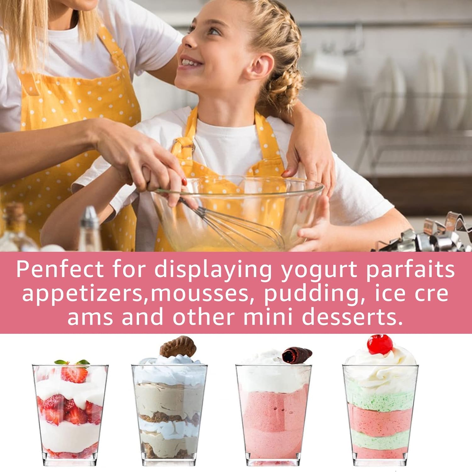 LISHINE Paquete de 100 tazas de postre de plástico de 5 onzas con tapas y cucharas, tazas de yogur para parfait con tapas, tazas desechables para