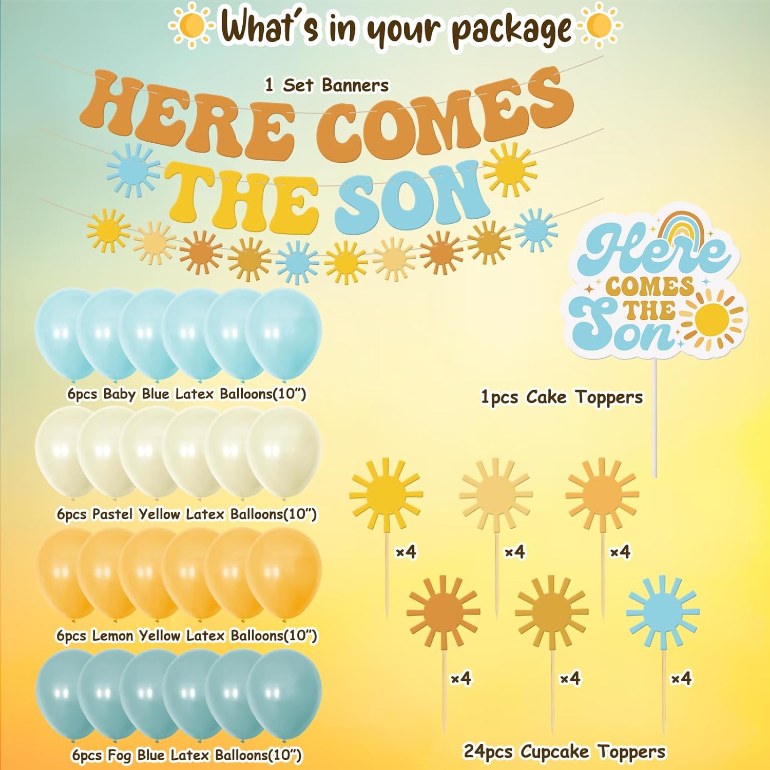 Sinasasspel Decoraciones de baby shower con el texto en inglés Here Comes the Son (Here Comes the Son), decoración minimalista para cupcakes, globos