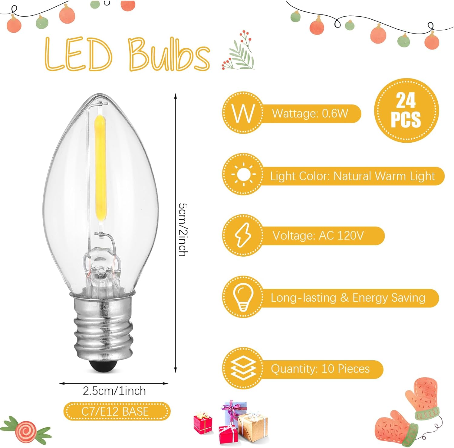 Retisee 2 piezas de cable de accesorios de Navidad con 6 bombillas LED C7 y toma de corriente de 11.48 pies, cable accesorio de luz de pueblo de