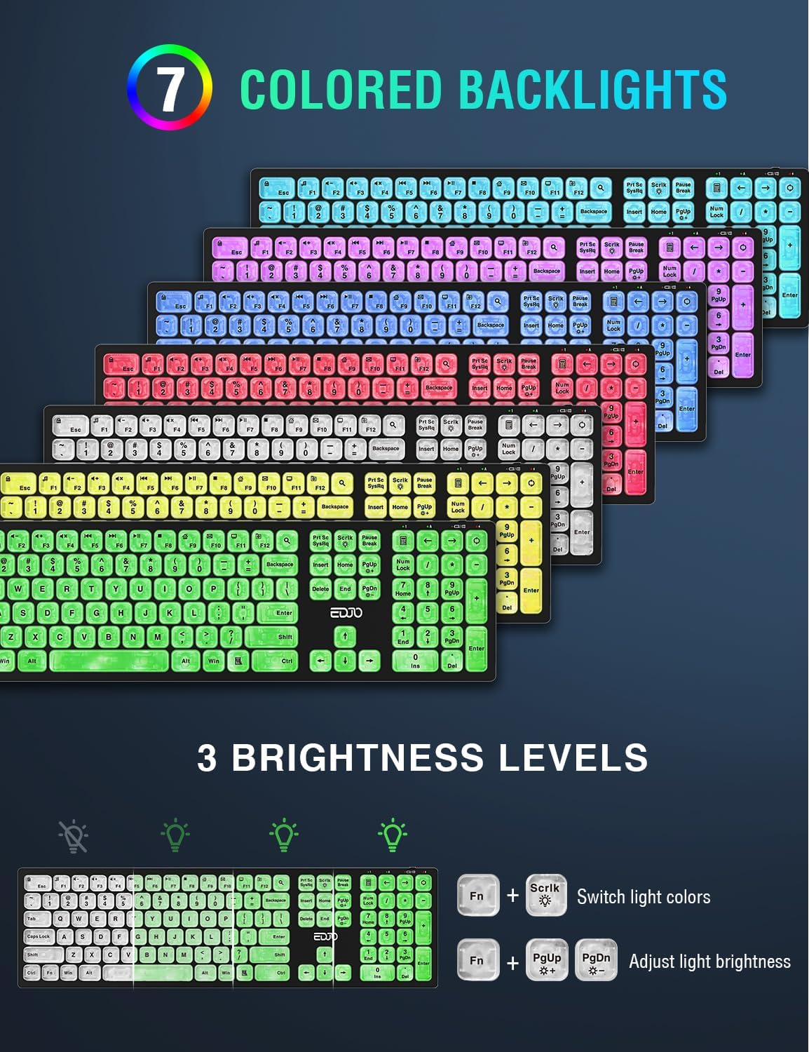 Combo de teclado y mouse inalámbricos, 7 efectos retroiluminados, teclado silencioso con mouse RGB, recargable, delgado, modo de sueño, juego de