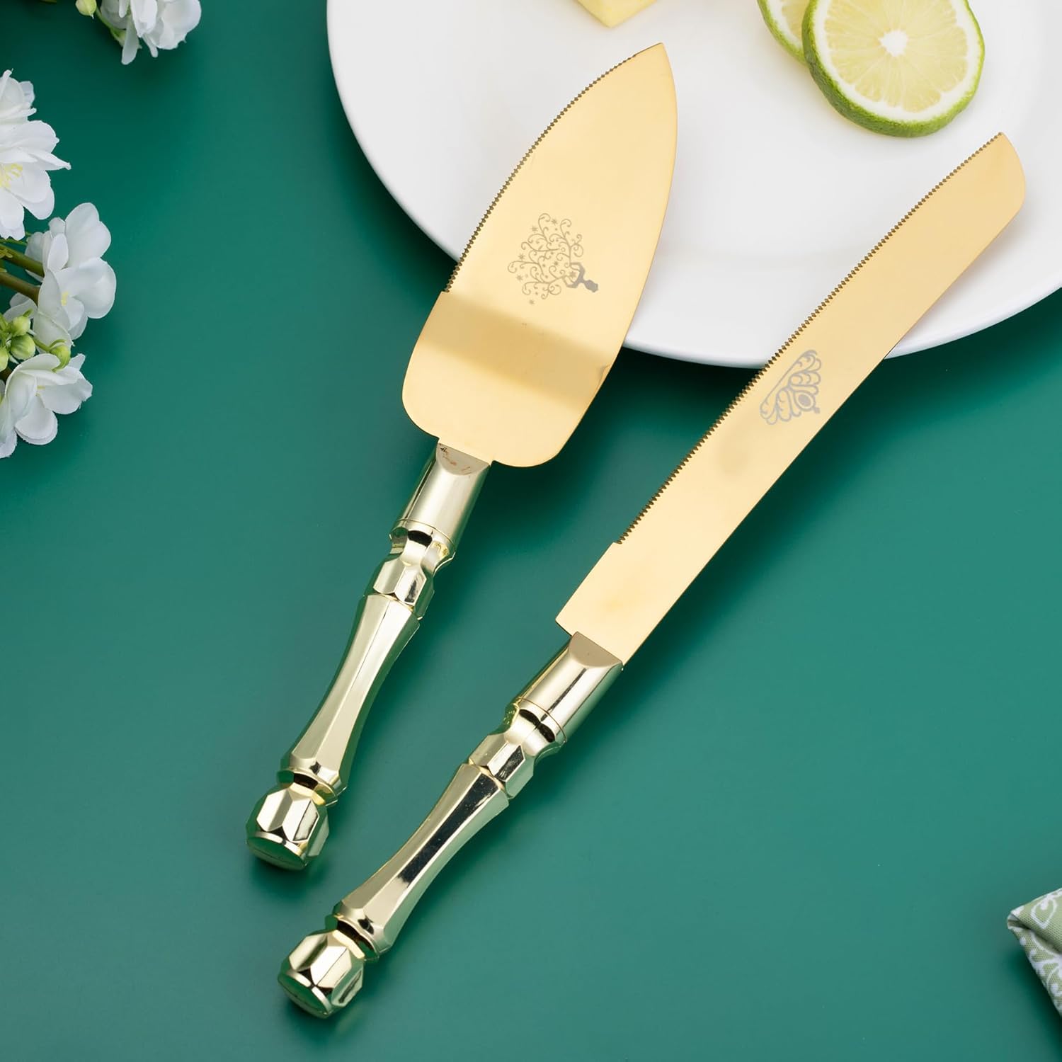 Juego de cuchillos y servidores para tartas de boda, elegantes asas de plástico doradas, juego de corte de pasteles para bodas, cumpleaños,