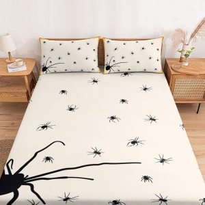 Juego de sábanas bajeras de 3 piezas con diseño de arañas aterradoras con temática de Halloween para cama tamaño Queen, sábana de bolsillo profundo Juego de sábanas bajeras de 3 piezas con diseño de arañas aterradoras con temática de Halloween para cama tamaño Queen, sábana de bolsillo profundo