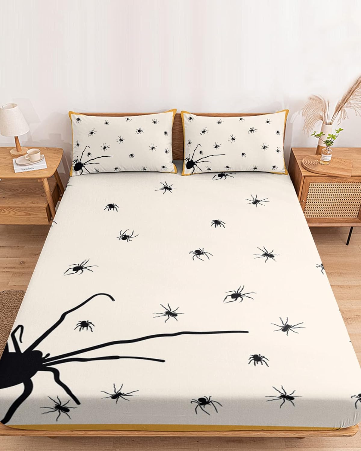 Juego de sábanas bajeras de 3 piezas con diseño de arañas aterradoras con temática de Halloween para cama tamaño Queen, sábana de bolsillo profundo