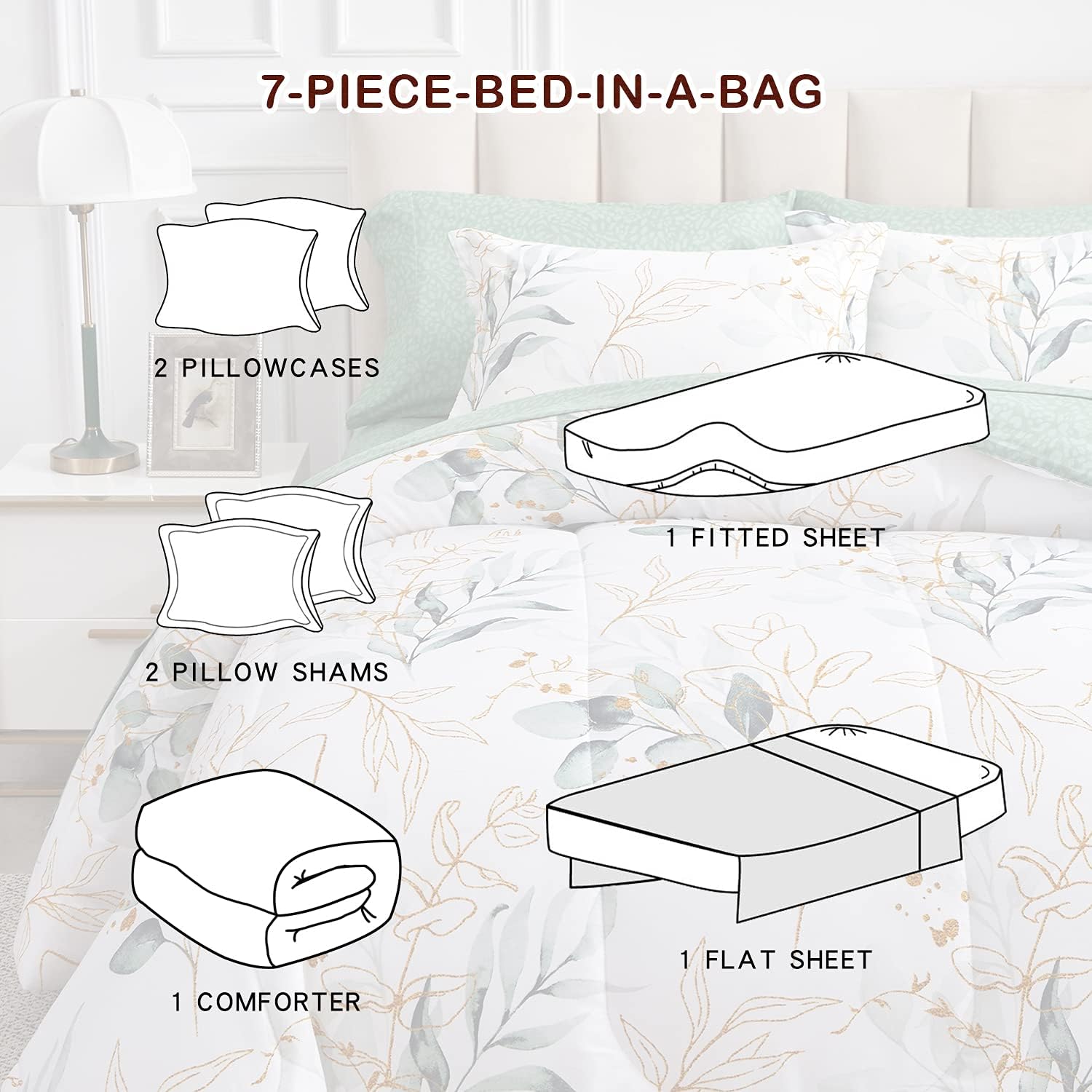 Joyreap – Juego de ropa de cama tamaño King completo en una bolsa, 7 piezas, diseño botánico de flores verdes sobre fondo blanco, juego de edredón