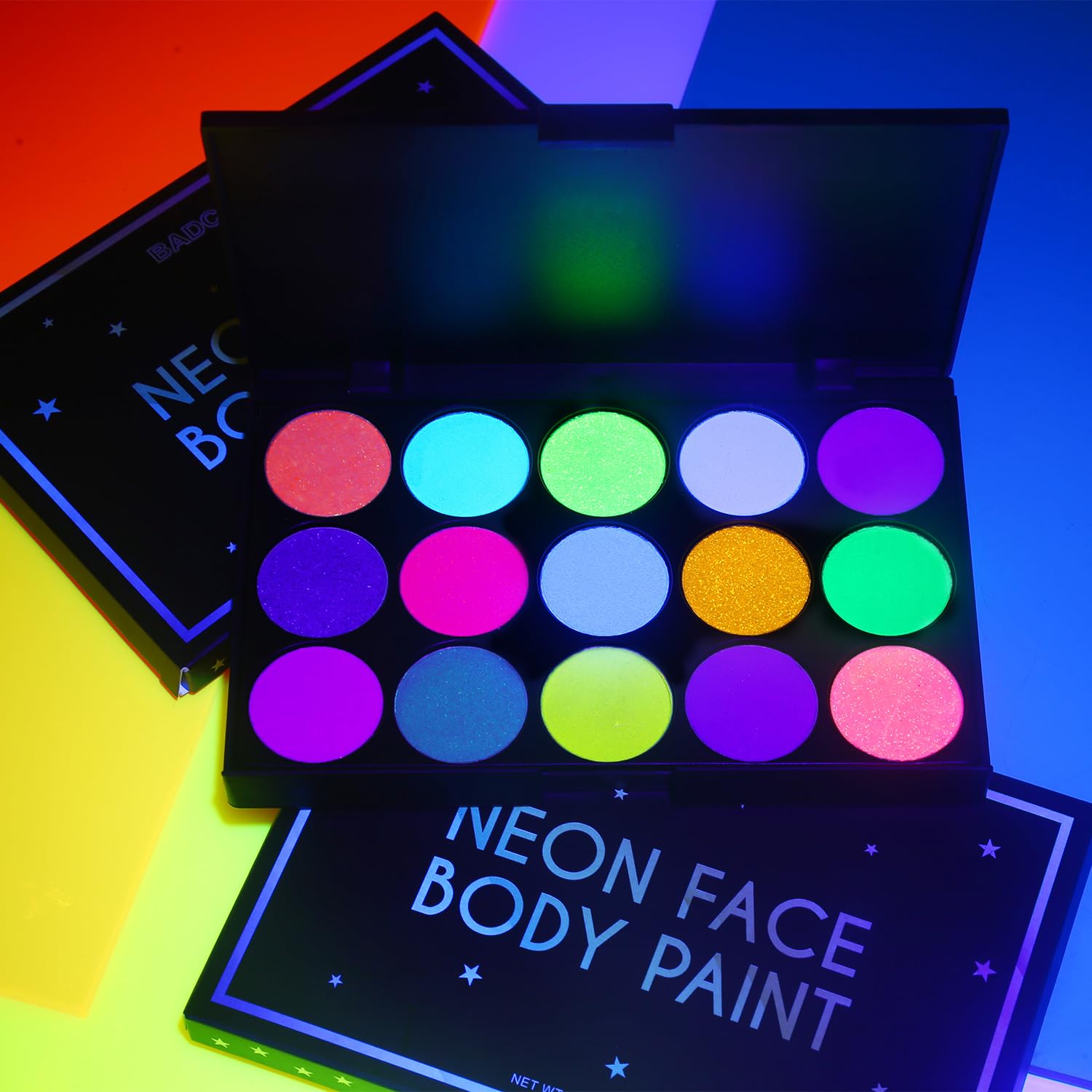 Pintura facial UV brillante, paleta de sombra de ojos de neón de 15 colores, pintura facial a base de agua con luz negra UV para niños, paleta de