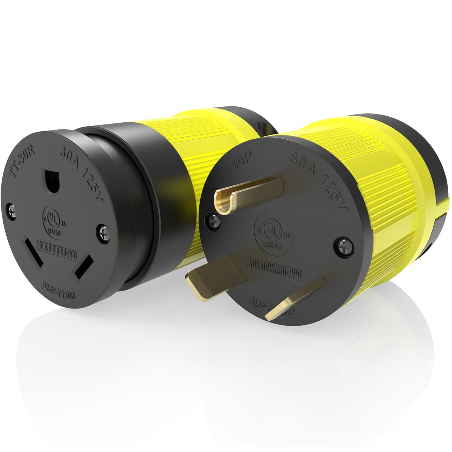 Journeyman-Pro NEMA TT-30R, 30 amperios, 125 voltios, conector hembra de remolque RV de hoja recta, grado industrial negroamarillo, generador de