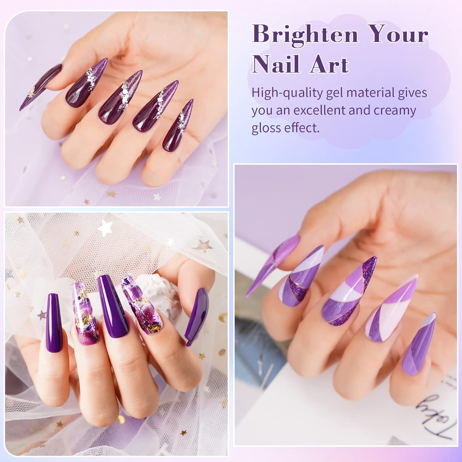 LanFo Juego de esmaltes de uñas de gel con purpurina morada, juego de 6 colores de esmalte de uñas de gel morado, esmalte de uñas de gel UV LED para