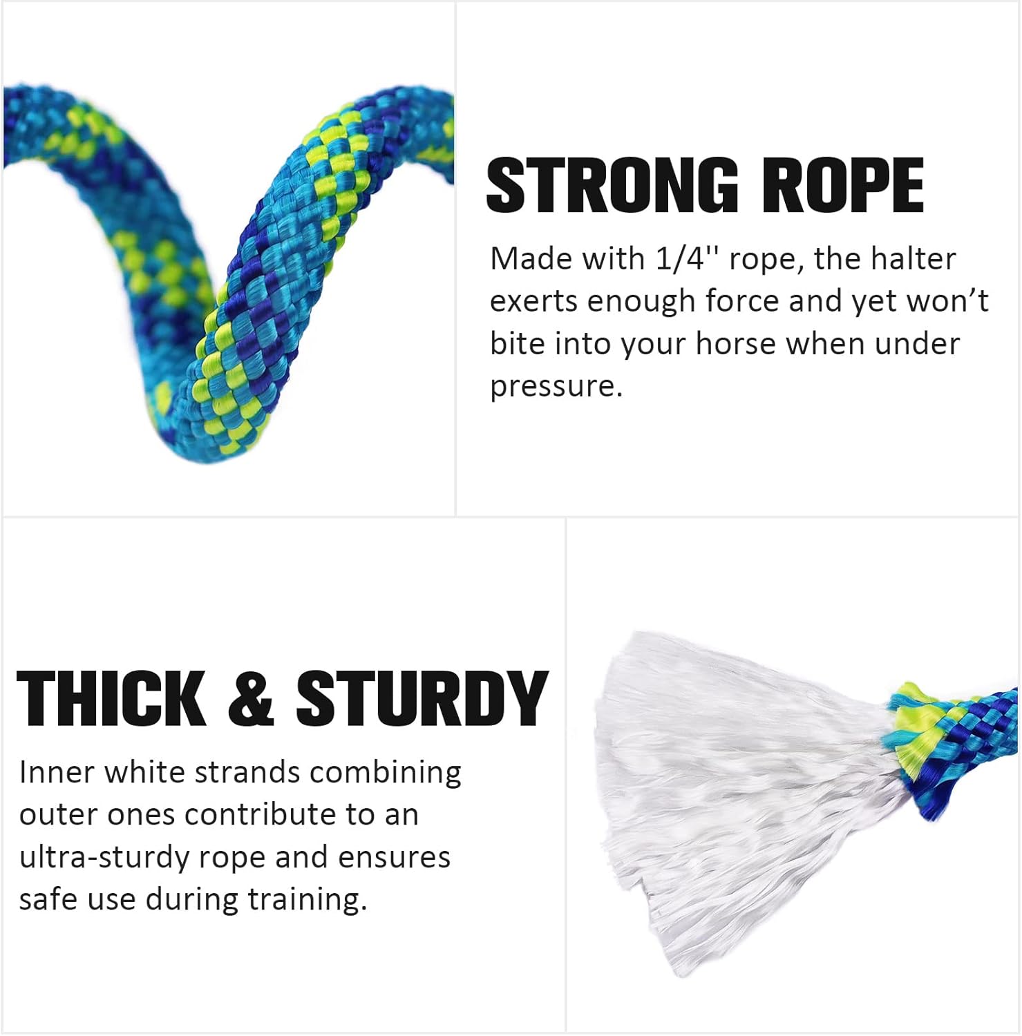 Harrison Howard Cabestro de cuerda para caballos súper resistente cuerda de caballo con 2 nudos de 14 pulgadas de cordón halter rígido estándar azul